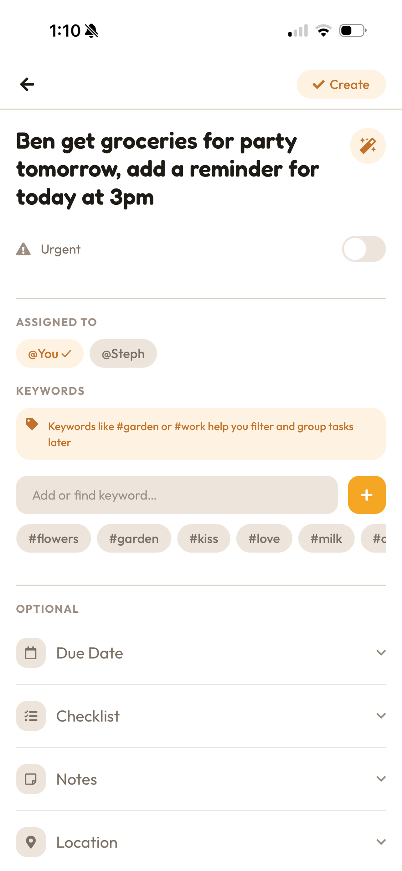 Banana create task screen with magic wand